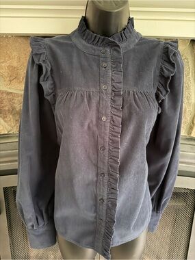 per una Navy Ruffle-Trim Button Down Blouse